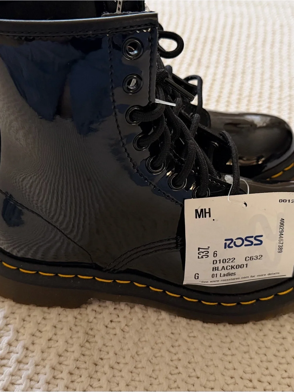 Dr. Martens Kids Black Patent Lace-Up Ankle Boots with Yellow Stitching